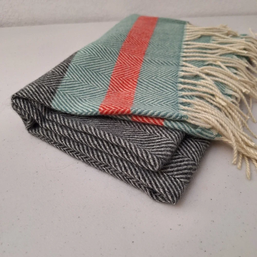 Herringbone Scarf Shawl Wrap Teal Coral Gray Neutral Fringe Ends Cozy Warm